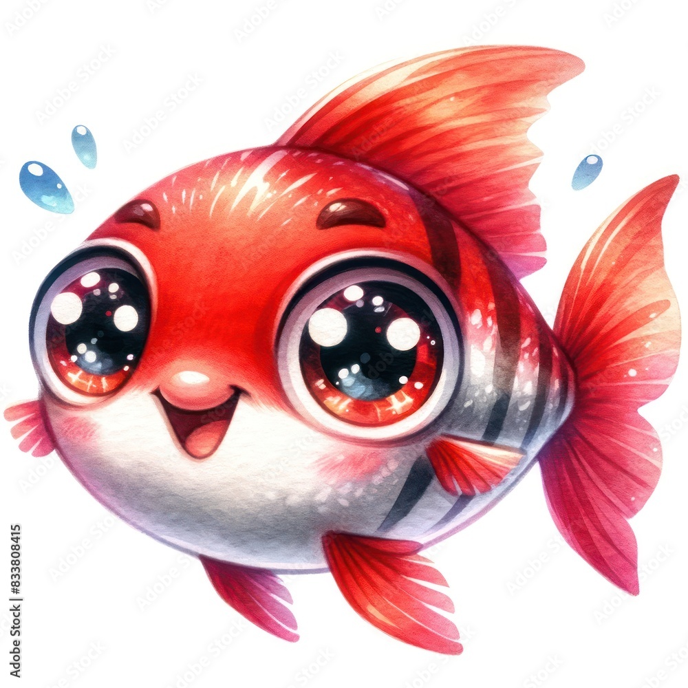Wall mural A cheerful watercolor cartoon of a Flame Tetra fish with big, expressive, bright, and sparkling eyes that convey a happy, The Flame Tetra has a cute and lively appearance, swimming - Wall murals
