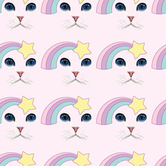 Kitty Cat Rainbow Seamless Vector Pattern Design