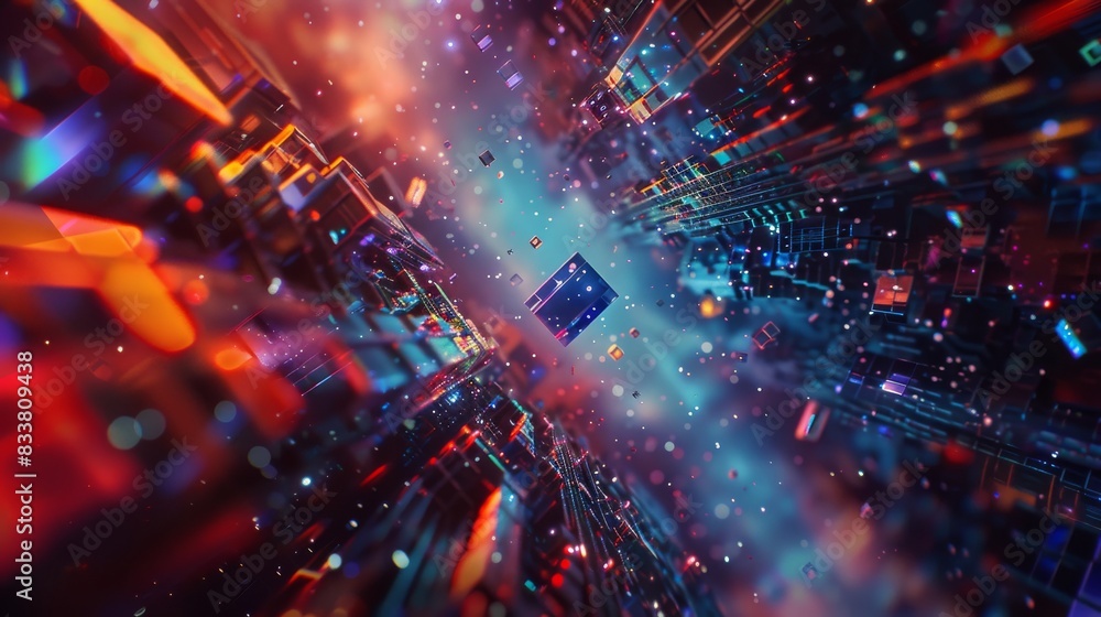 Poster create a mesmerizing abstract digital artwork exploring conceptual frameworks with geometric shapes 
