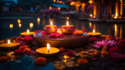 Diwali decoration with diya lamp featuring natural view likes pond and temple