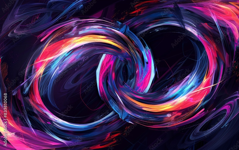 Poster create a visually striking interpretation of infinity through abstract shapes and vibrant colors, re