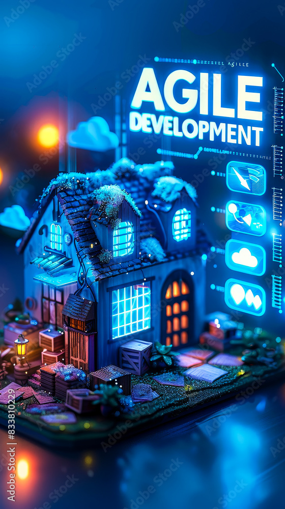 Poster futuristic agile software development concept with digital house model and interface elements in blu