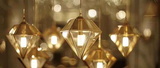 Create an elegant, symmetrical art deco-inspired chandelier design with geometric shapes and opulent gold accents