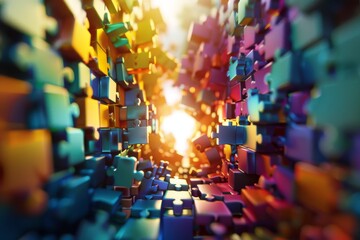 Obraz premium Depict a maze made of colorful puzzle pieces, with a shining light at the center breaking through, representing overcoming creative blocks in a dynamic and imaginative illustration