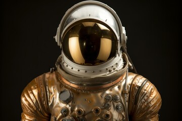 Detailed view of a classic astronaut costume with a shiny gold visor set against a dark background