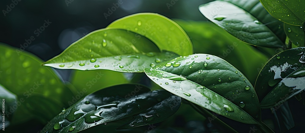 Poster during the rainy season, raindrops on leaves can capture attention when focusing on the center of th