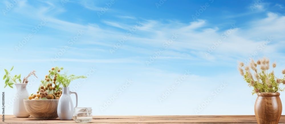 Aufkleber A wooden table surface set against a clear blue sky in summer provides a compelling backdrop for showcasing or arranging your items in a copy space image.