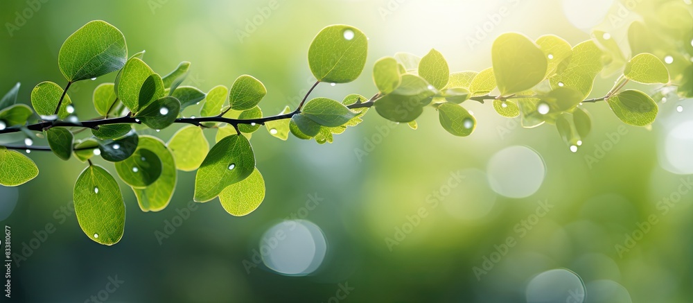 Poster blurred green leaves, soft bokeh lights, and golden raindrops create a natural abstract background i