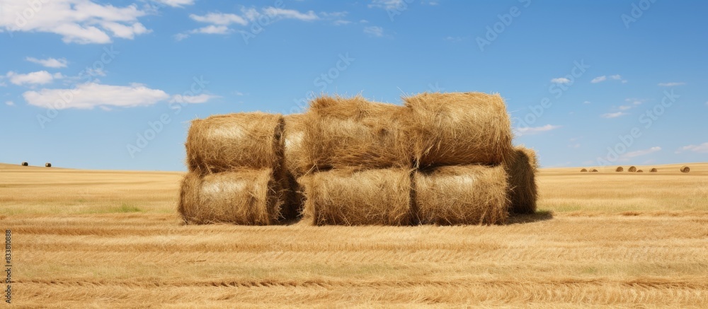 Poster Haymaking with a haystack and freshly cut grass, ideal for a copy space image.