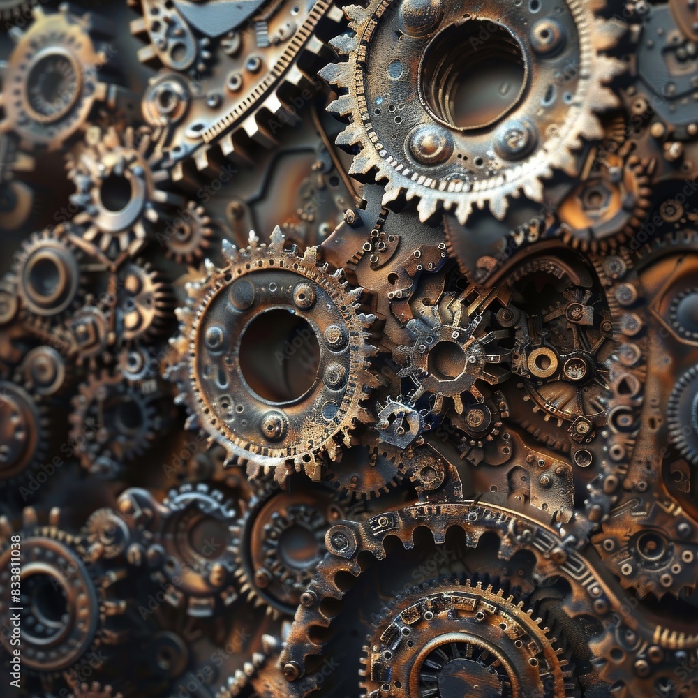 Poster design a digital image of interlocking gears, each unique in size and shape, creating a symphony of 