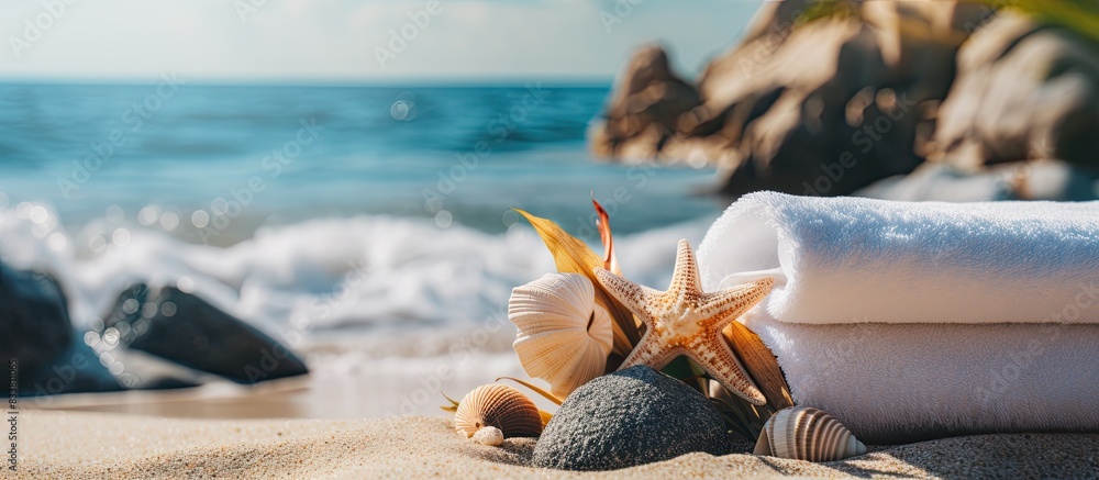 Poster beach items like swimwear, sun protection cream, and a shell placed on a rock at the seashore, creat