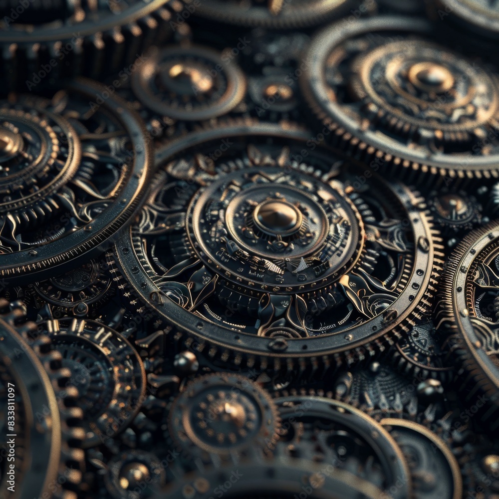 Poster design a digital image of interlocking gears, each unique in size and shape, creating a symphony of 