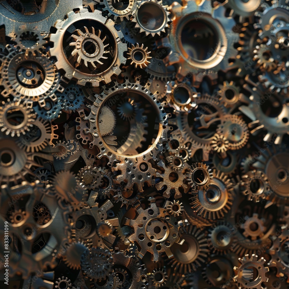Poster design a digital image of interlocking gears, each unique in size and shape, creating a symphony of 