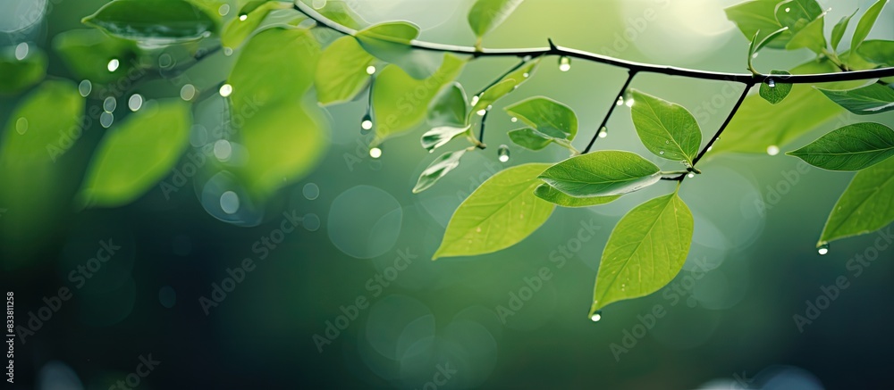 Poster blurred green leaves, soft bokeh lights, and golden raindrops create a natural abstract background i