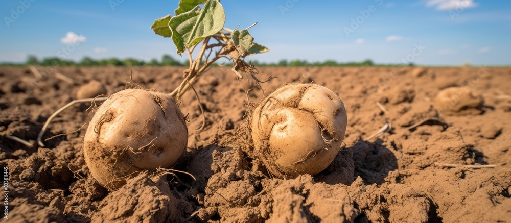 Poster potato plants withering due to lack of water, in cracked soil during a dry spell impacted by climate