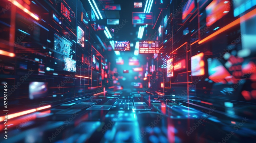 Poster design a futuristic 3d rendering of media symbols levitating in a digital space, incorporating vibra