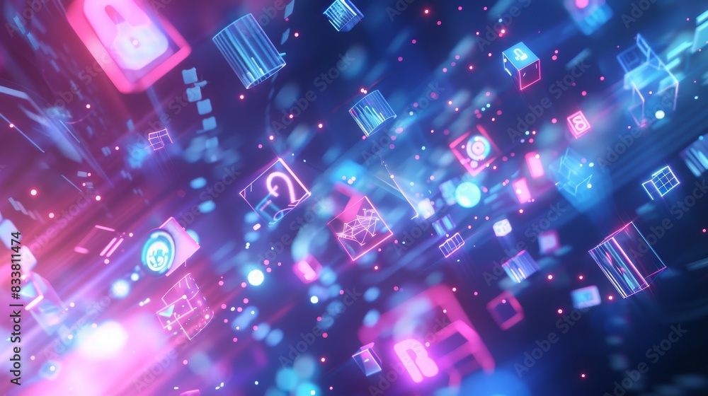 Poster design a futuristic 3d rendering of media symbols levitating in a digital space, incorporating vibra