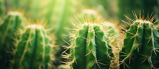Obraz premium Selective focus on a stunning green cactus with prominent needles in a copy space image.