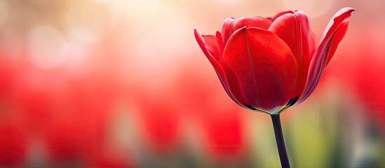 Macro shot of a vibrant red tulip with an open bloom in the foreground, displaying a beautifully blurred background with copy space image.