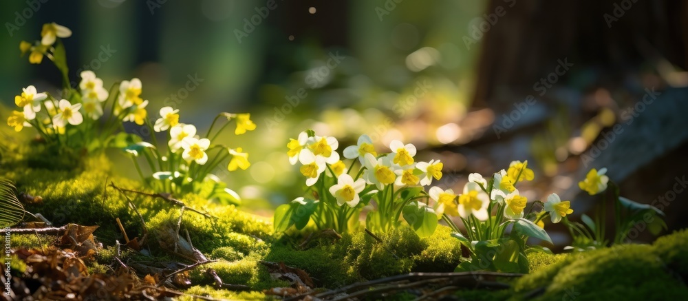 Poster spring primroses in a forest clearing, some in focus, some out, with copy space image.