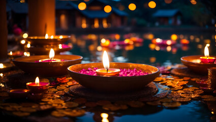 Obraz premium Diwali decoration with diya lamp featuring natural view likes pond and temple