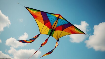 A Colorful Kite Flying in a Clear Blue Sky, Captured from a Low Angle to Emphasize the Height and Movement, Photographed in Hyperrealistic Cinematic Style