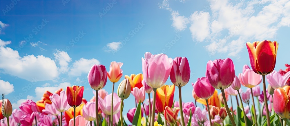 Poster Spring is when tulips flourish, creating a picturesque scene with their vibrant colors against a backdrop of blue skies and greenery, ideal for a copy space image.