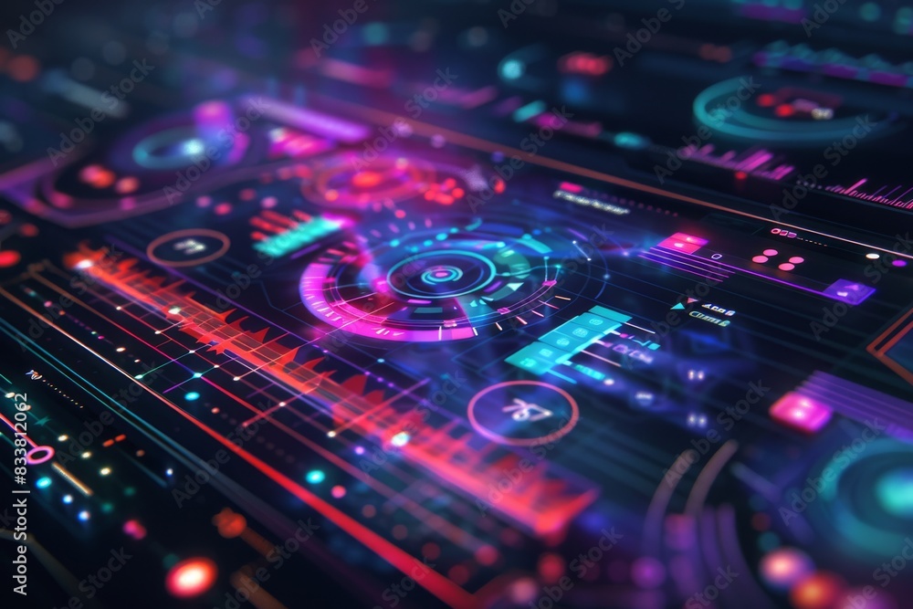 Poster design a futuristic holographic interface for a tech application, featuring sleek lines and vibrant 