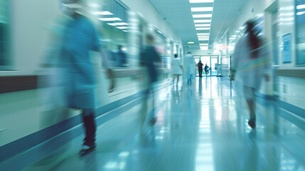 Hospital corridor with motion blur effect, showing interaction of doctors and patients, healthcare concept