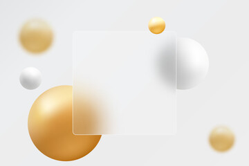 Square banner made of clear glass with 3D gold and white spheres. Realistic glass morphism shape.