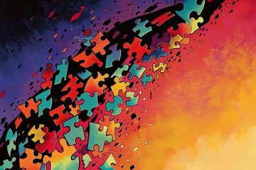 Brightly colored jigsaw pieces assembling in midair against a soft pastel background, flat cartoonstyle, perfect for playful and creative illustration themes