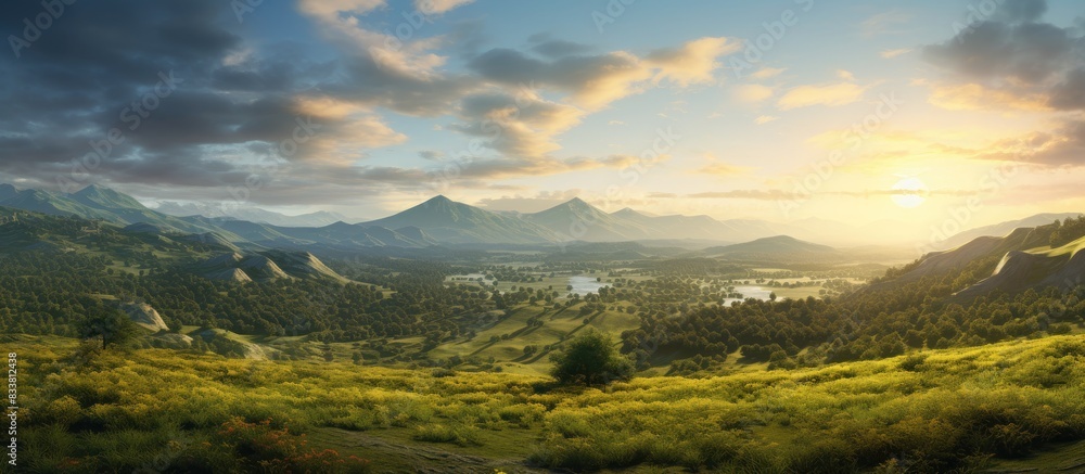 Poster sunlight casting a warm glow in the peaceful valley, consisting of lush greenery, with a clear and s