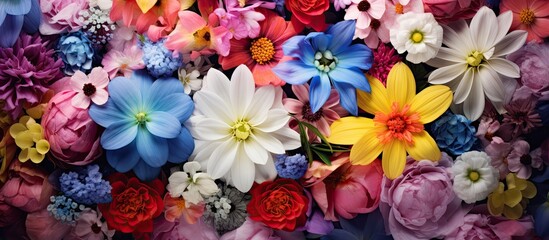 Colorful flowers displaying a variety of hues, in a copy space image.