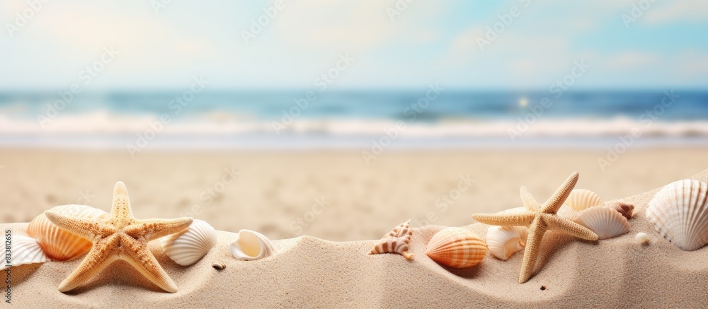 Poster Sandy beach featuring numerous seashells and starfish, with an empty space for text or design, known as a copy space image.