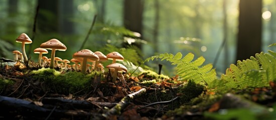 Obraz premium Forest ferns and delicious mushrooms make a delightful combination in a serene woodland setting, as shown in the copy space image.