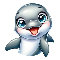 A cheerful water-colored cartoon Tursiops truncatus (Common Bottlenose Dolphin) with big, expressive, bright, and sparkling eyes conveying happiness.