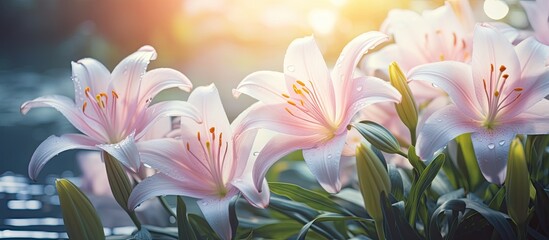 Fototapeta premium In the garden, there are lily flowers blooming, creating a serene and beautiful scene with copy space image.