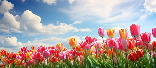 Spring is when tulips flourish, creating a picturesque scene with their vibrant colors against a backdrop of blue skies and greenery, ideal for a copy space image.