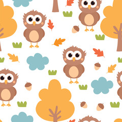 Obraz premium Fall background. Seamless pattern with cute owls, trees, acorns, clouds and leaves. Cute childish autumn texture. Vector illustration. 