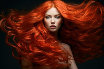 Portrait of a woman with vibrant red hair flowing dramatically on a dark background