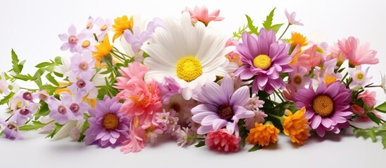 Gorgeous bouquet of flowers displayed on a white background with a blank area for text or graphics, often called a copy space image.