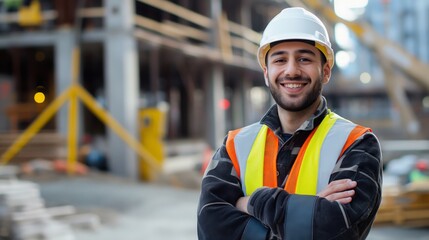 Smiling Young Turkish Construction Worker in Safety Gear at a Building Site