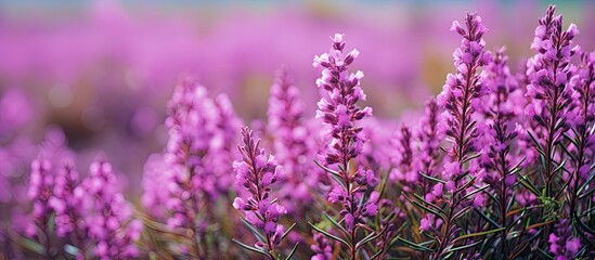 Obraz premium Purple heather flowers blooming in a green meadow with a purple background, ideal for copy space image.