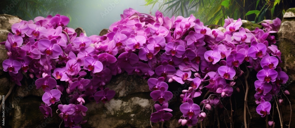 Poster a stunning arrangement of violet orchids set against a natural backdrop, perfect for a copy space im