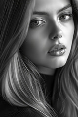 A long-haired young beautiful girl photoshooting in a studio. Black and white photo