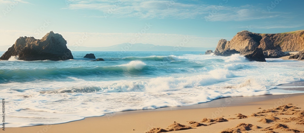 Poster scenic beach on a rugged ocean coastline with crashing surf, perfect for a copy space image.