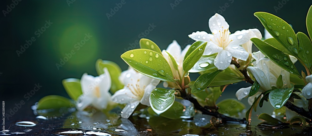 Poster raindrops glisten on a fresh jasmine bud in a serene setting with copy space image.