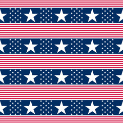 Abstract seamless vector pattern with horizontal stripes and white five pointed stars on blue. Independence Day geometric background suitable for prints, decoration, posters, wallpaper and fabrics.