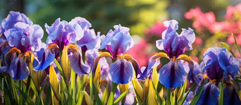 Aufkleber Iris flowers in the garden with vibrant colors, providing a picturesque view and space for adding text or designs. with copy space image. Place for adding text or design