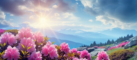 Scenic view of vibrant rhododendron flowers with a lovely landscape in the background, perfect for adding text or other elements in a copy space image.